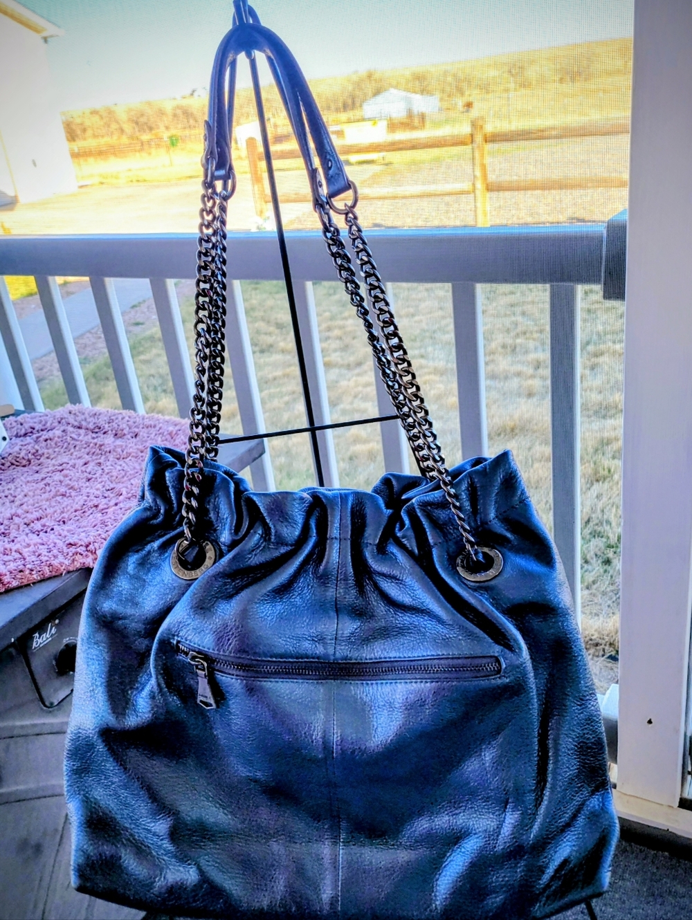 Classic Metalic Navy Genuion Leather Chain-Handle Women’s Tote - Picture 2 of 9
